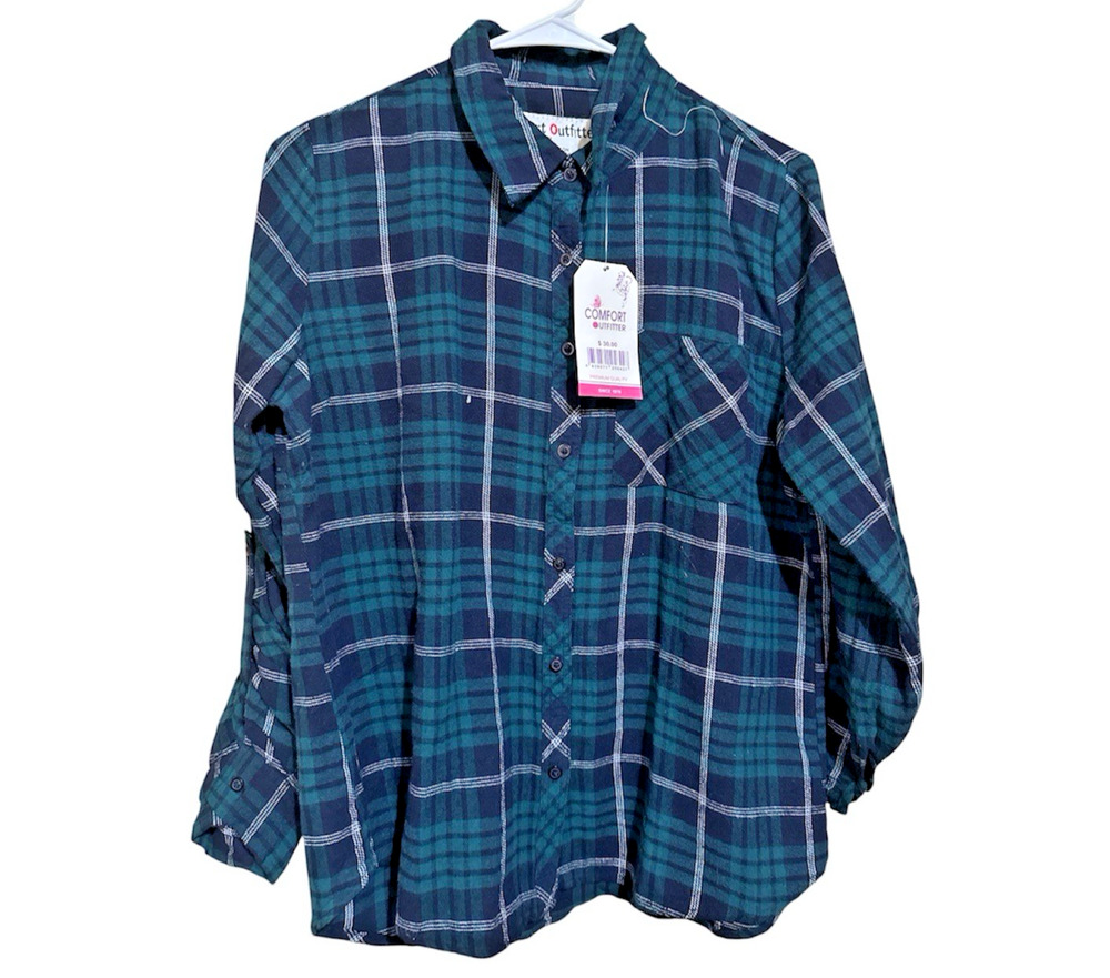 Comfort Outfitter Girls Plaid Flannel shirt with roll-tab sleeves Green NWT XL